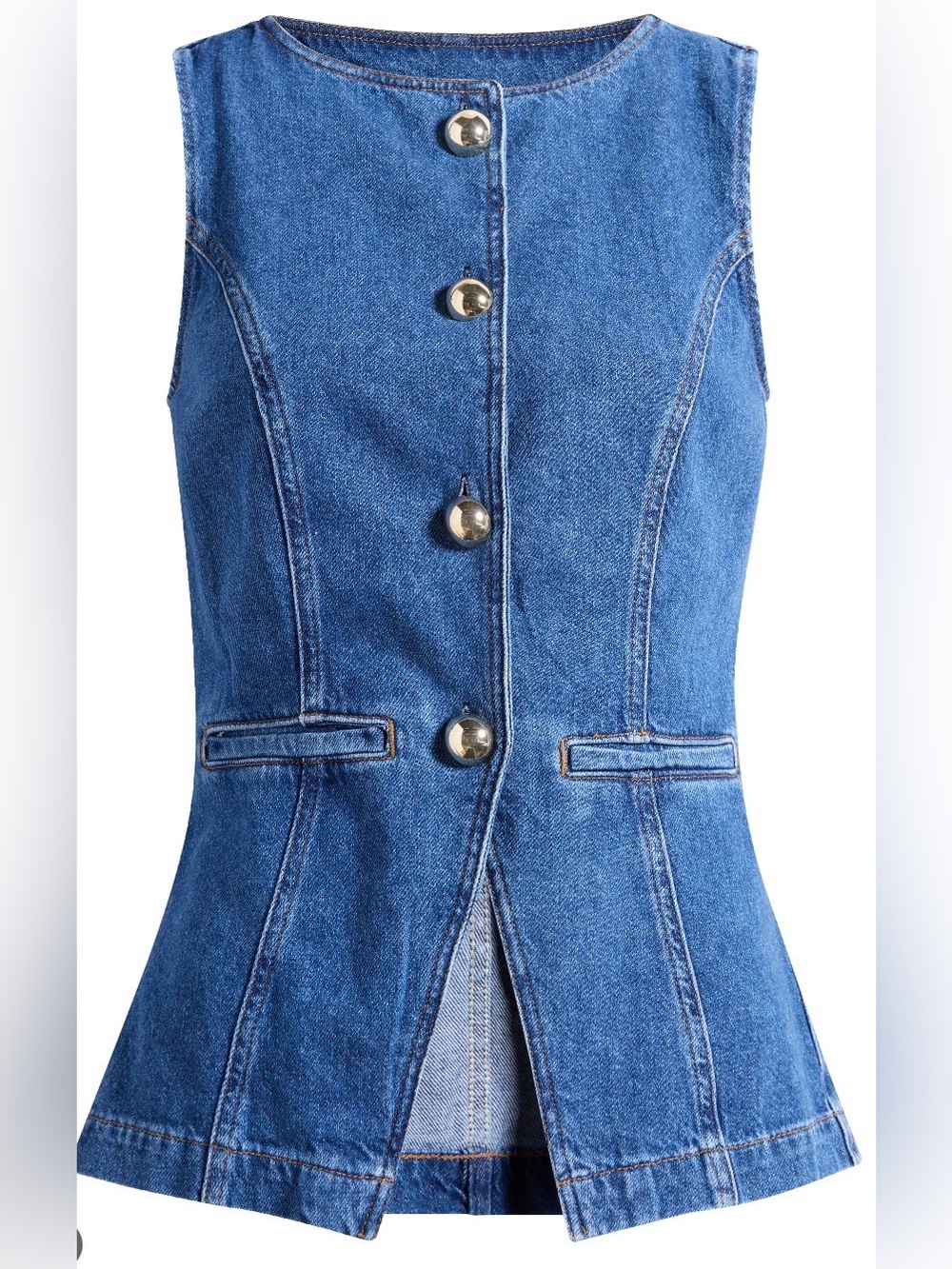 Reformation Keila Blue Denim Gold Button-Front Top